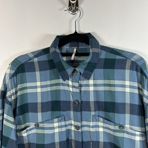 Free People Loveland Plaid Button Down Shirt Blue Rayon‎ Cotton Tunic Sz XS Boho - Picture 2 of 8